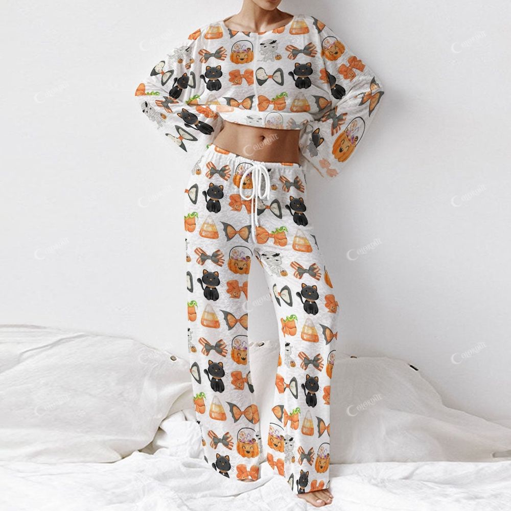 Colordate Women's Halloween Element Print Long Sleeve Cotton Homewear Set