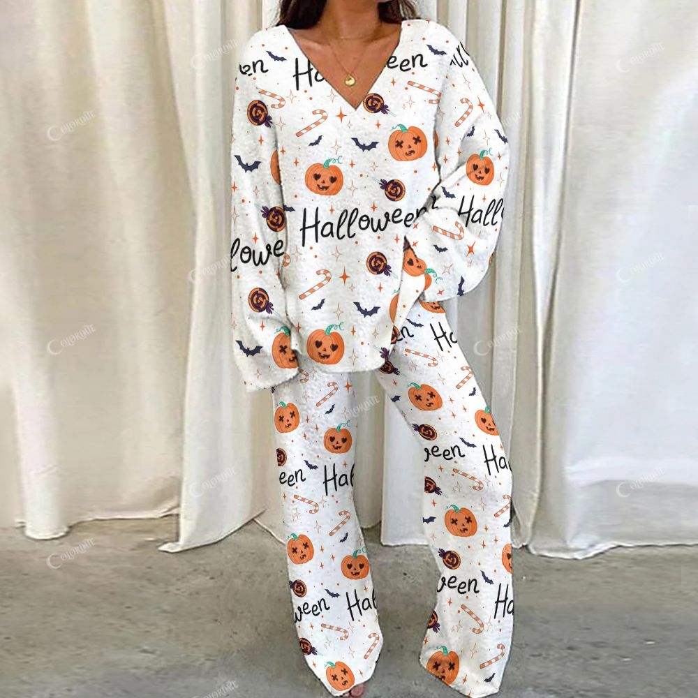 Colordate Halloween Pumpkin Print Loungewear Set For Women