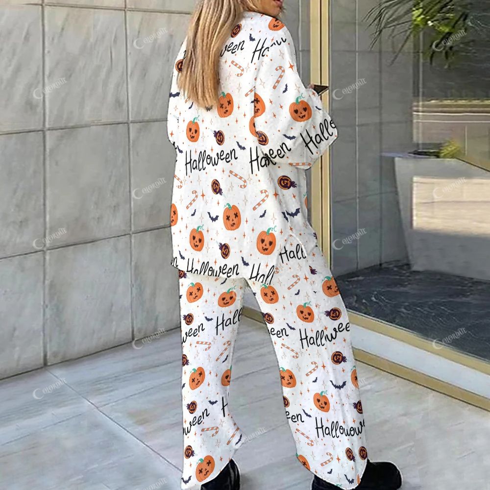 Colordate Halloween Pumpkin Print Loungewear Set For Women
