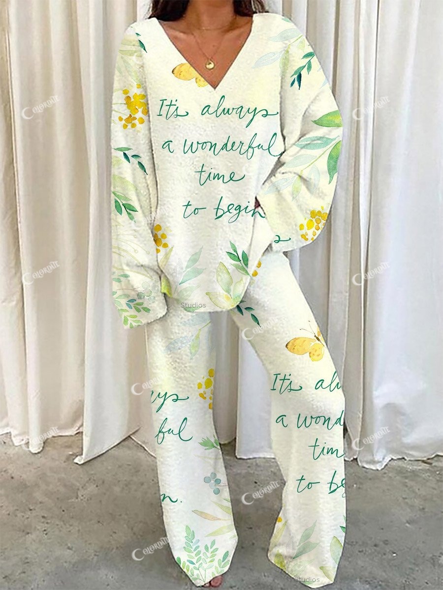 Women's Fresh Inspirational Pattern V-Neck Long Sleeve Pants Suit
