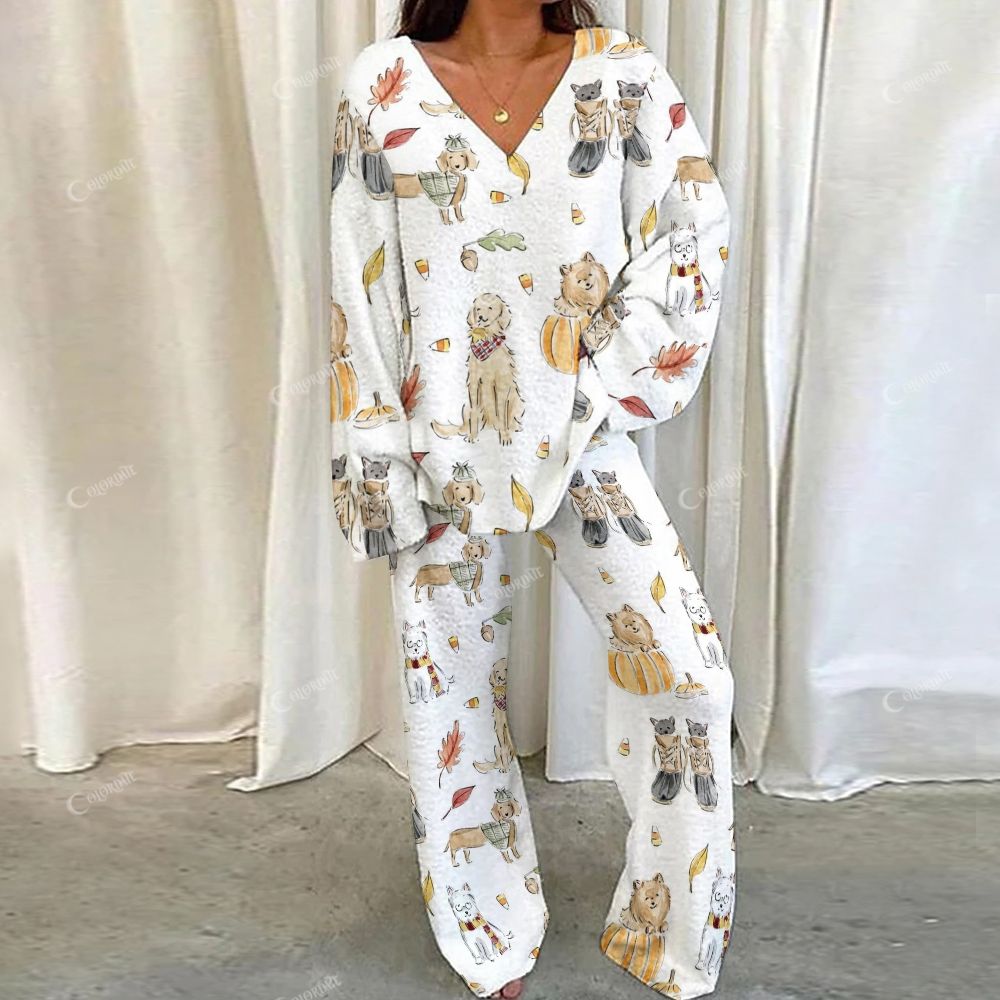 Colordate Cute Dog Print Loungewear Set For Women