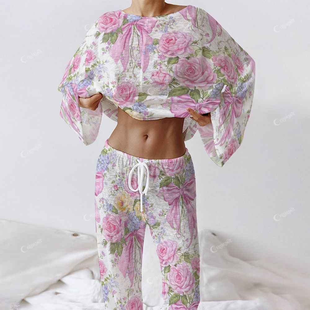 Colordate Women's Pink Bow And Flower Print Long Sleeve Cotton Homewear Set