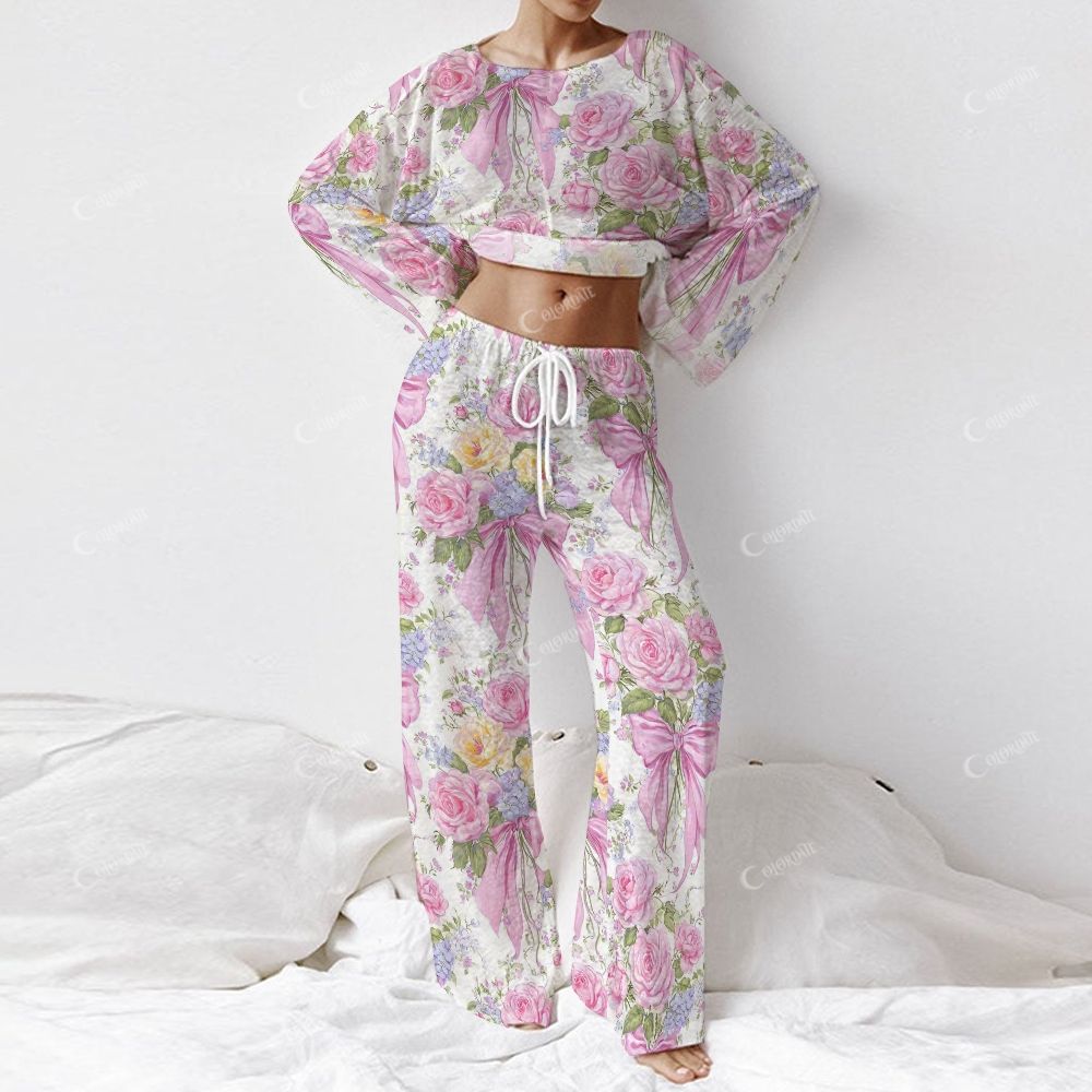 Colordate Women's Pink Bow And Flower Print Long Sleeve Cotton Homewear Set