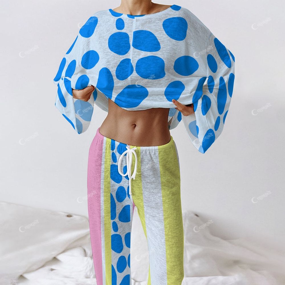 Colordate Women's Blue Pattern Print Long Sleeve Cotton Homewear Set