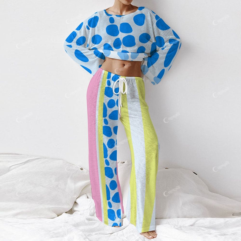 Colordate Women's Blue Pattern Print Long Sleeve Cotton Homewear Set