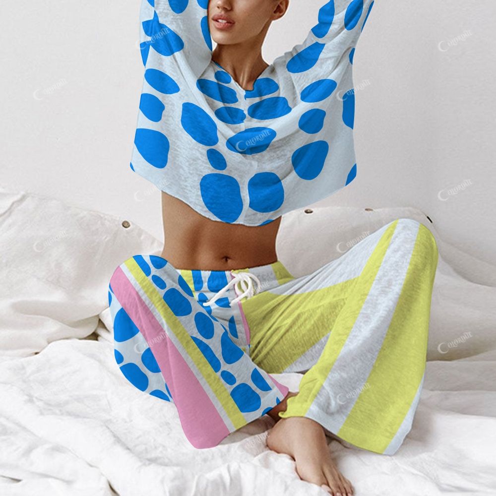 Colordate Women's Blue Pattern Print Long Sleeve Cotton Homewear Set