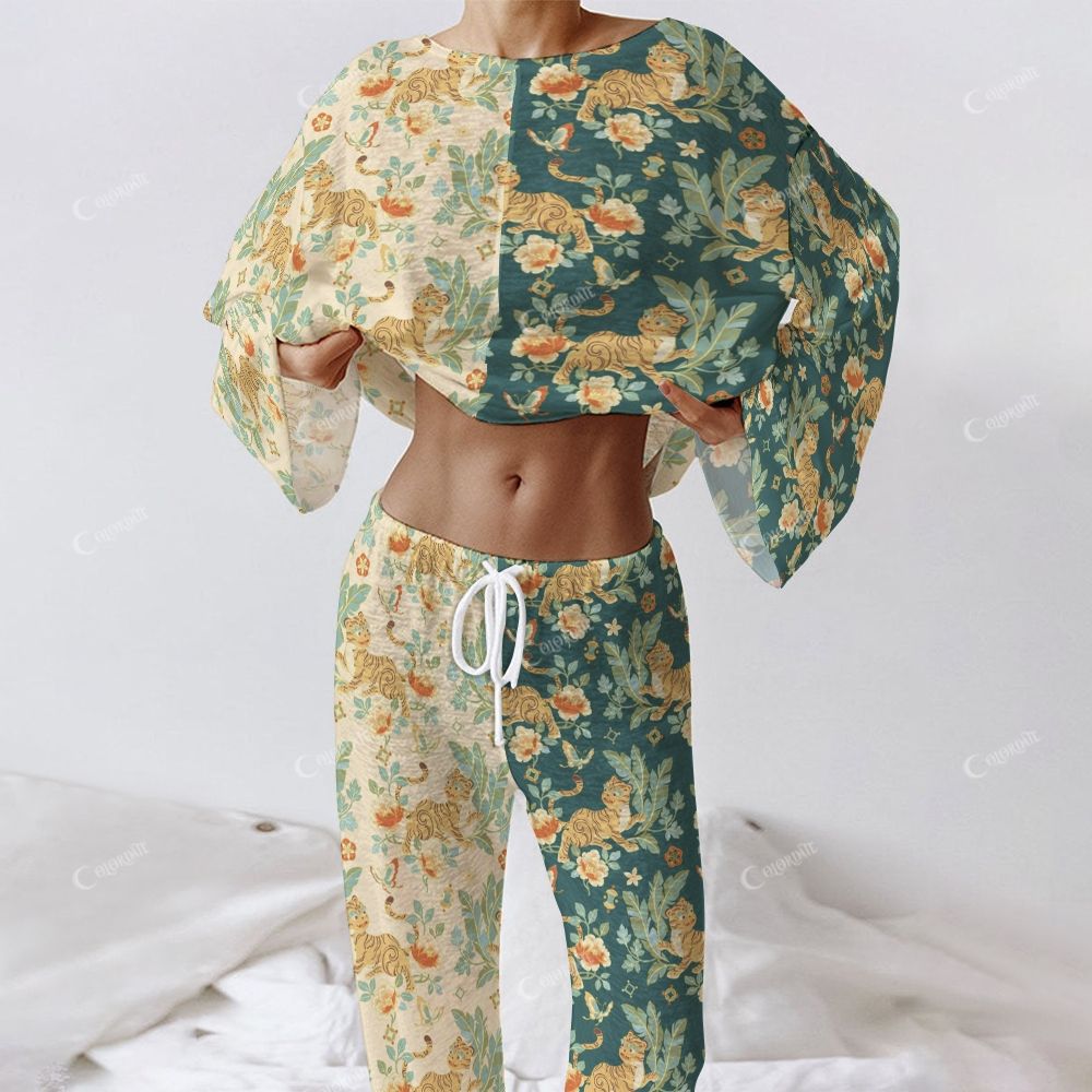 Colordate Women's Tiger Print Long Sleeve Cotton Homewear Set