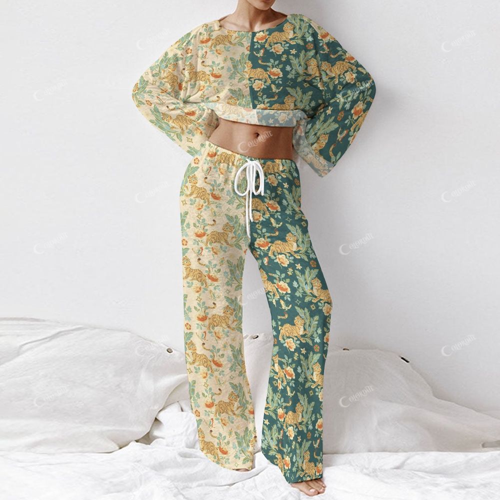Colordate Women's Tiger Print Long Sleeve Cotton Homewear Set