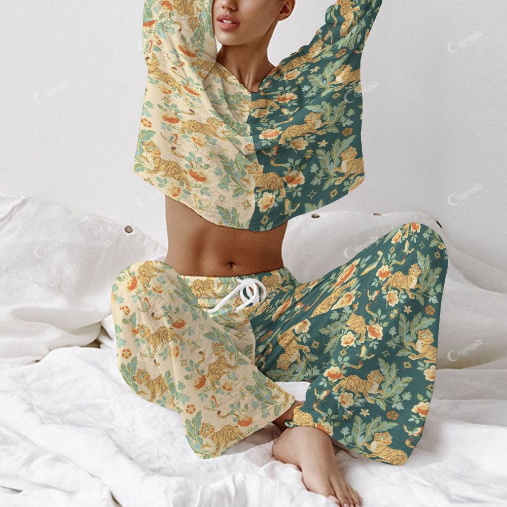 Colordate Women's Tiger Print Long Sleeve Cotton Homewear Set