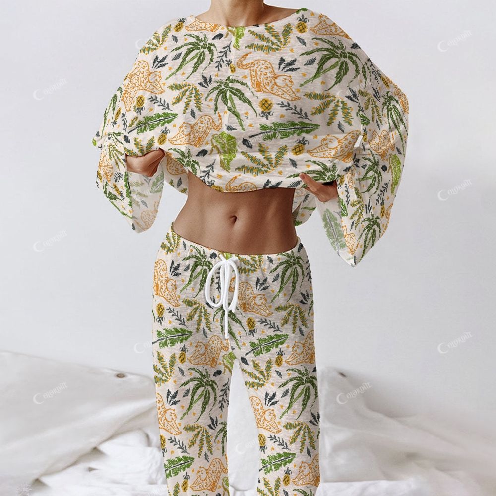 Colordate Women's Leopard And Coconut Tree Prints Long Sleeve Cotton Homewear Set