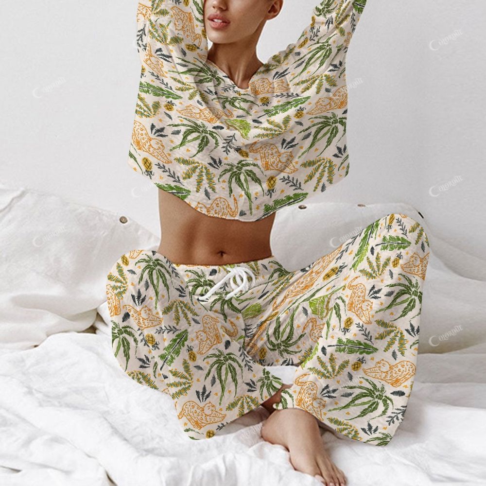 Colordate Women's Leopard And Coconut Tree Prints Long Sleeve Cotton Homewear Set