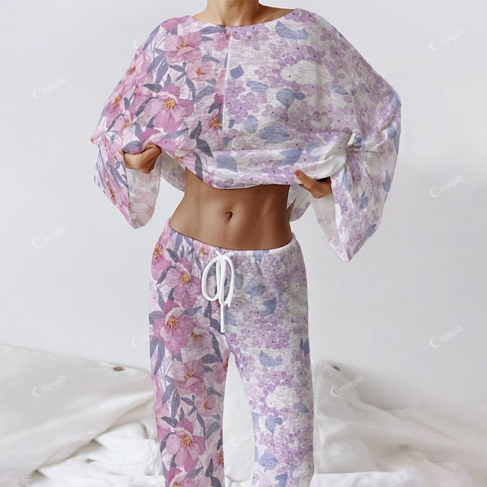 Colordate Women's Flower Print Long Sleeve Cotton Homewear Set