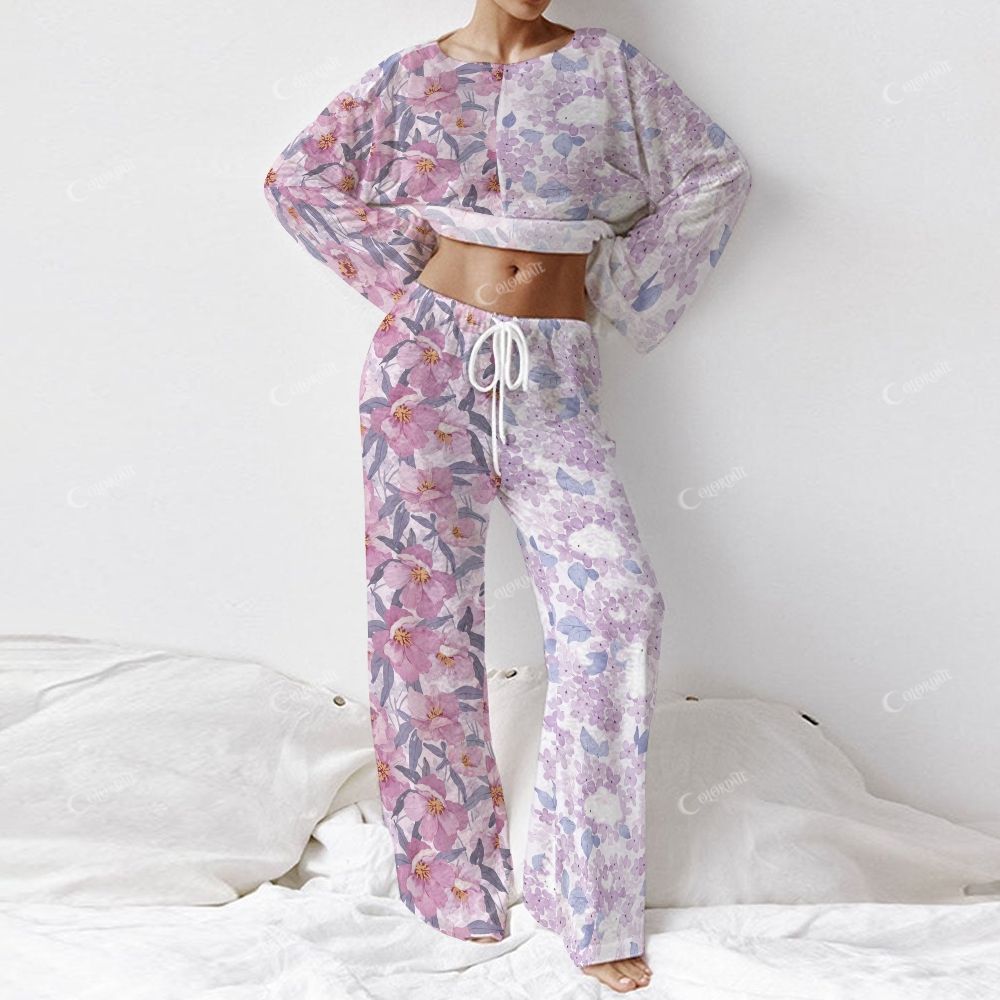 Colordate Women's Flower Print Long Sleeve Cotton Homewear Set