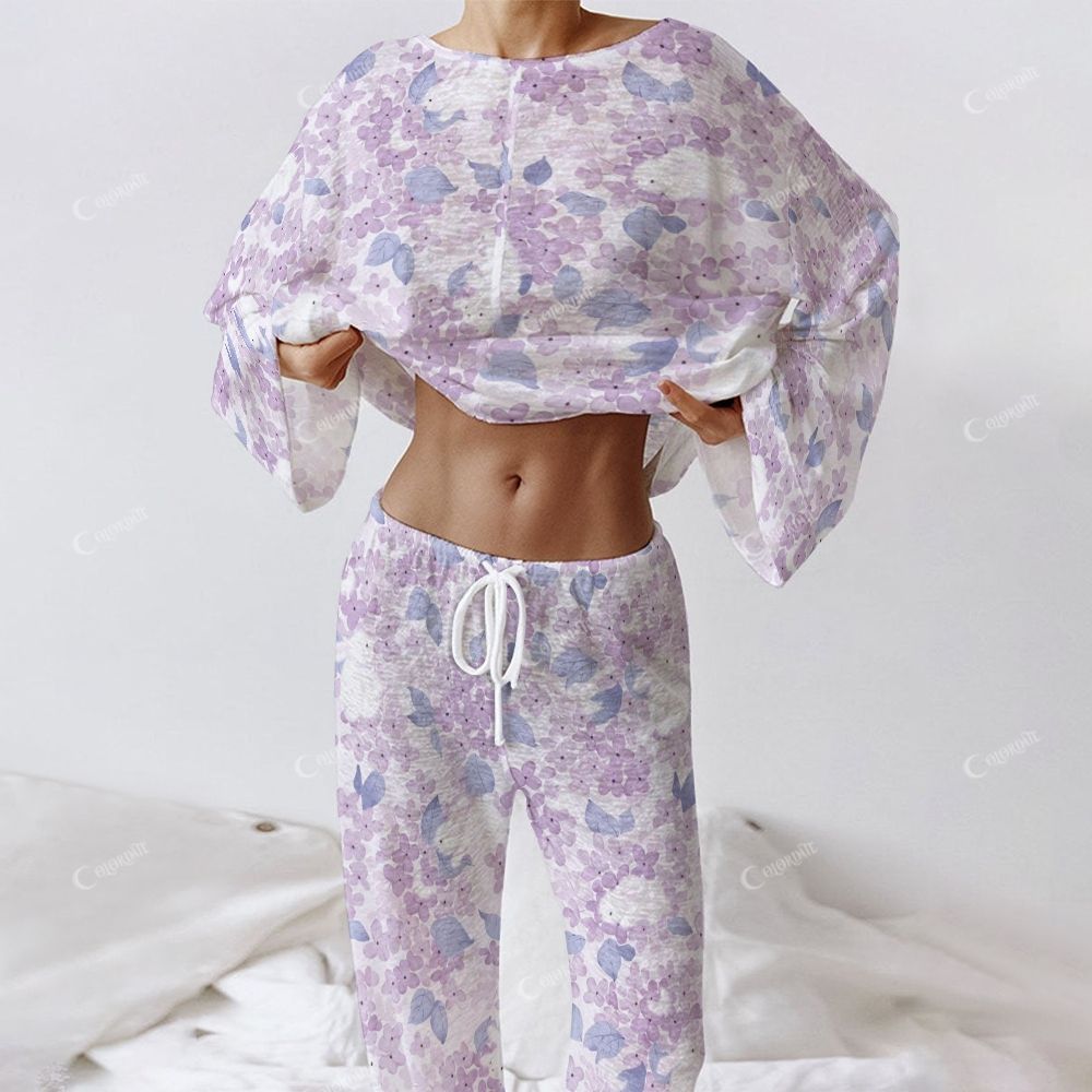 Colordate Women's Purple Floral Print Long Sleeve Cotton Homewear Set