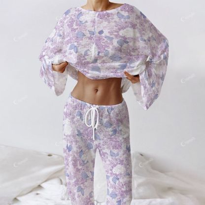 Colordate Women's Purple Floral Print Long Sleeve Cotton Homewear Set