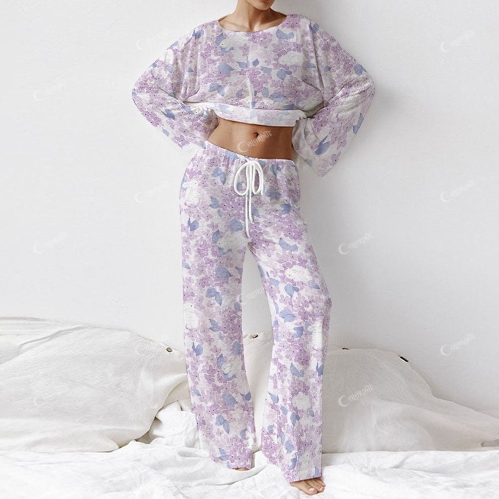 Colordate Women's Purple Floral Print Long Sleeve Cotton Homewear Set