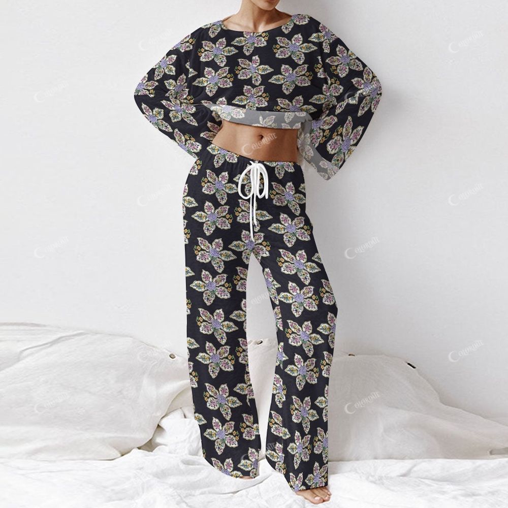Colordate Women's Flower Print Long Sleeve Cotton Homewear Set
