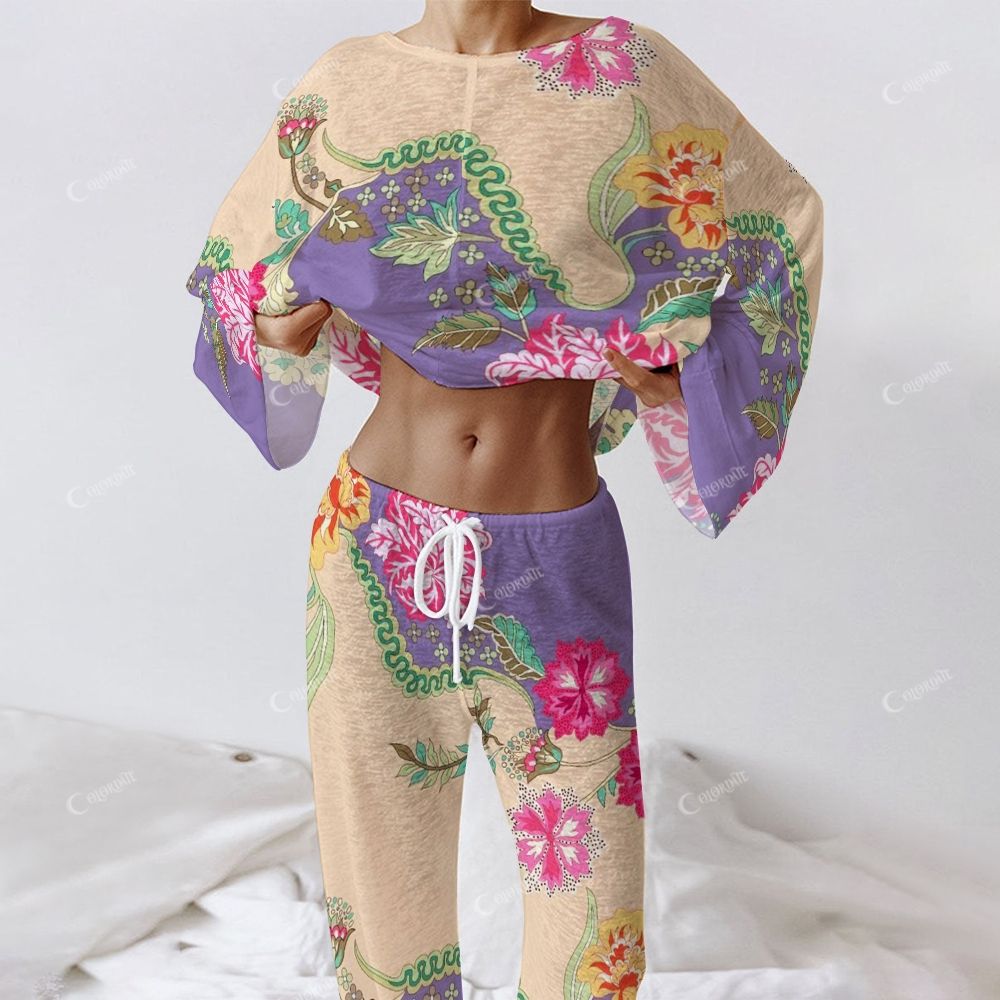 Colordate Women's Rose Red Floral Print Long Sleeve Cotton Homewear Set