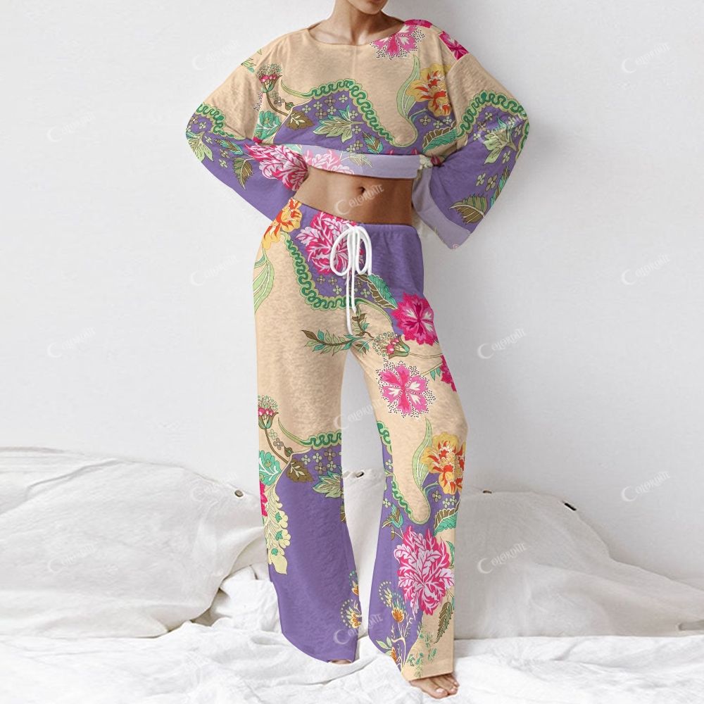 Colordate Women's Rose Red Floral Print Long Sleeve Cotton Homewear Set