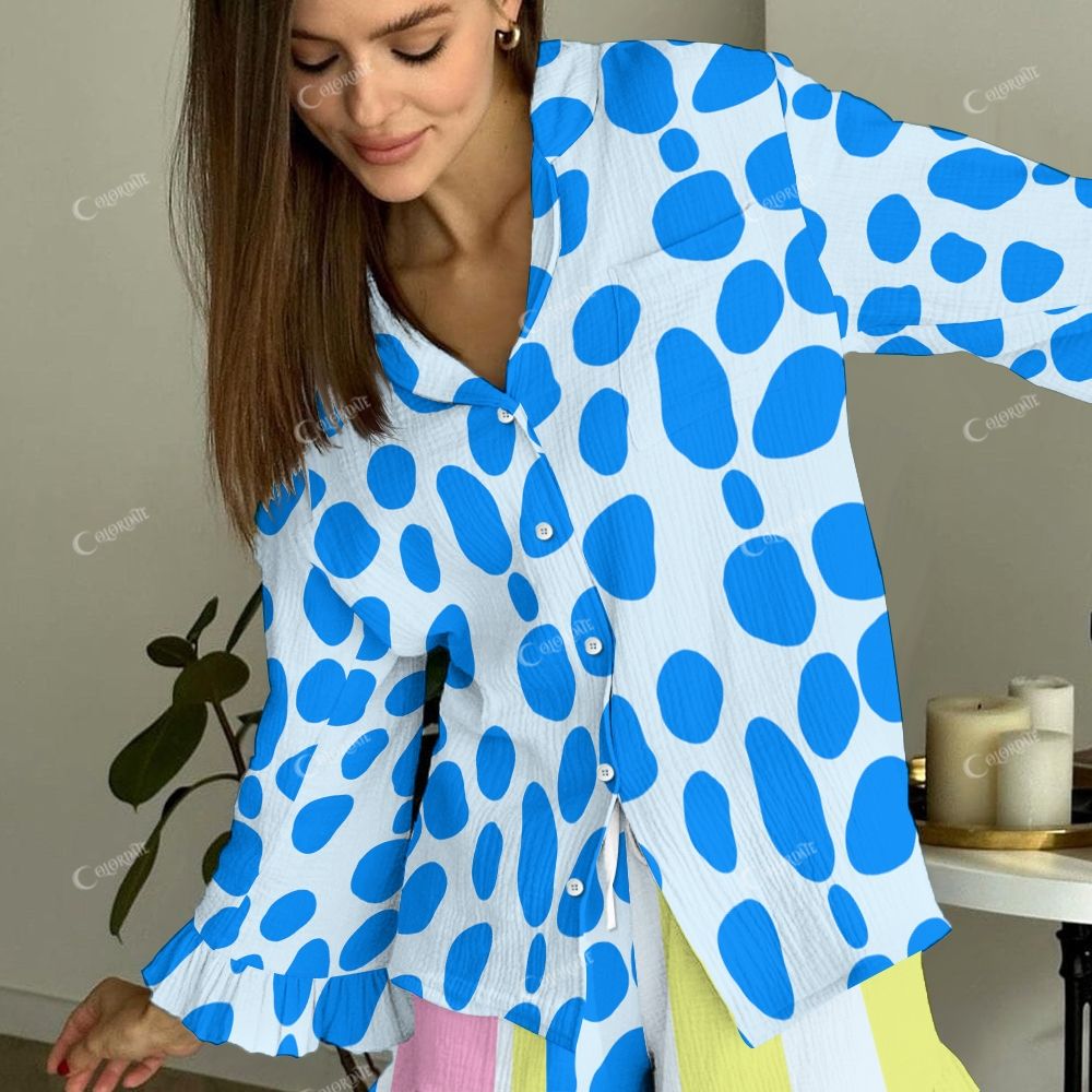 Colordate Women's Blue Pattern  Vintage Printed Linen Cotton Suit