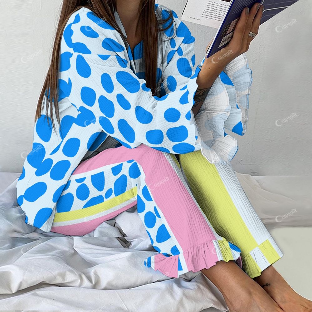 Colordate Women's Blue Pattern  Vintage Printed Linen Cotton Suit