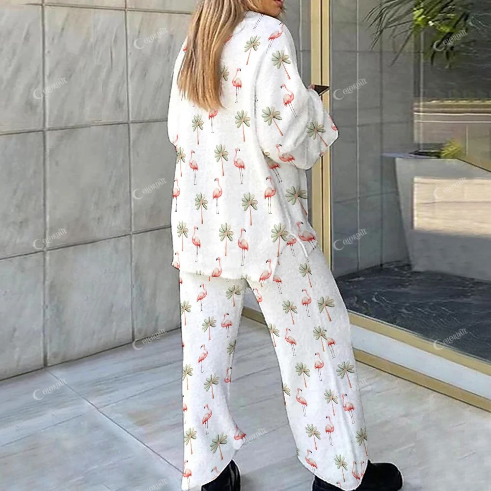 Colordate Flamingo Print Loungewear Set For Women