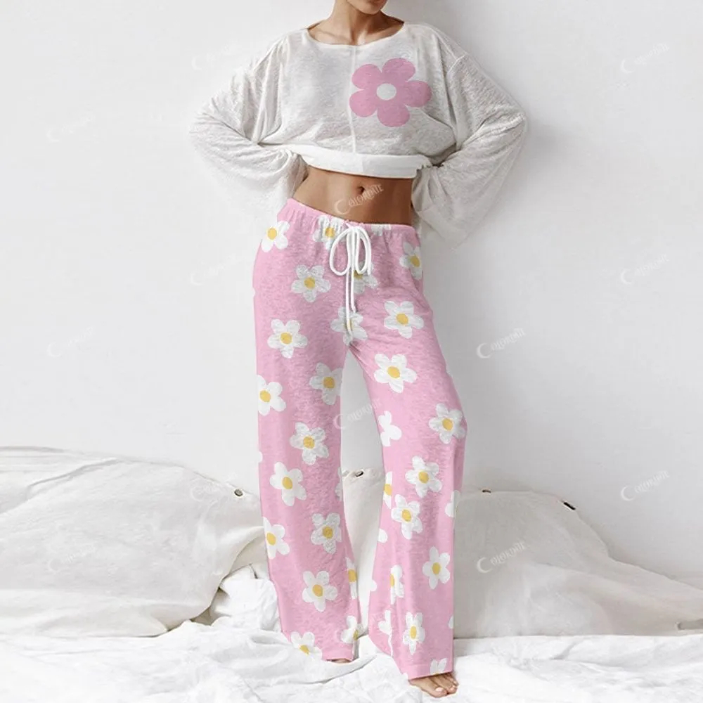 Custom Women's  Pink Flowers  Long Sleeve Cotton Homewear Set