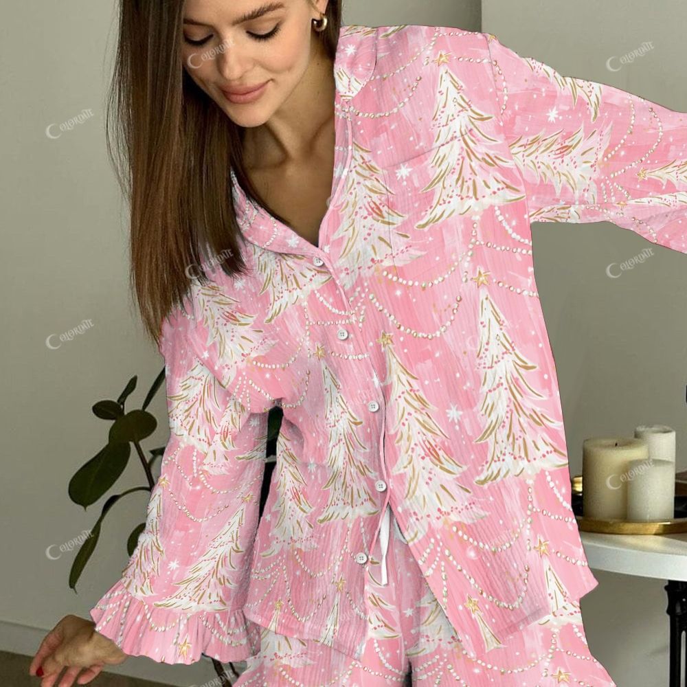 Colordate Women's Christmas Tree Vintage Printed Linen Cotton Suit