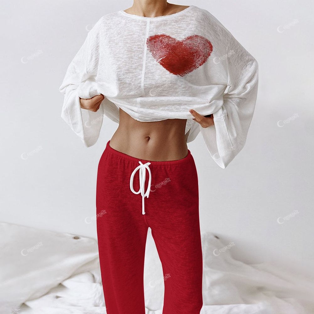 Women's Red Fingerprint Love Print Long Sleeve Cotton Homewear Set
