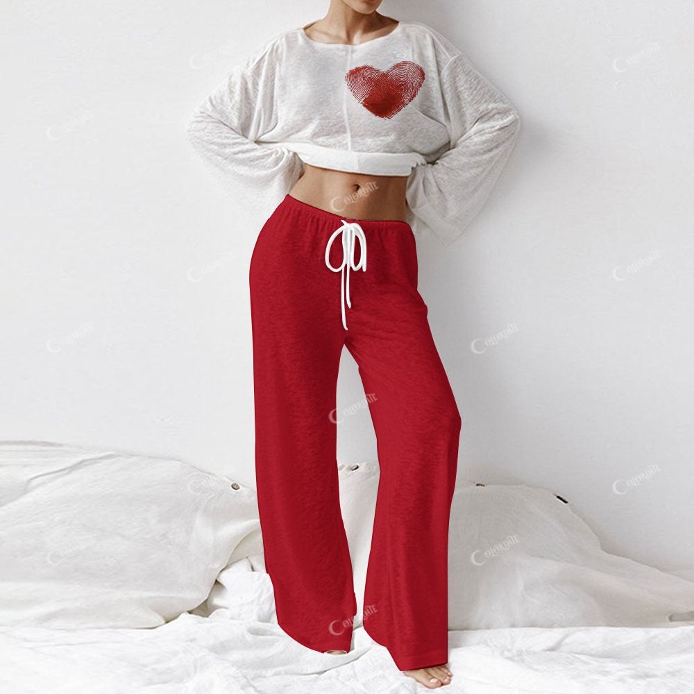 Women's Red Fingerprint Love Print Long Sleeve Cotton Homewear Set