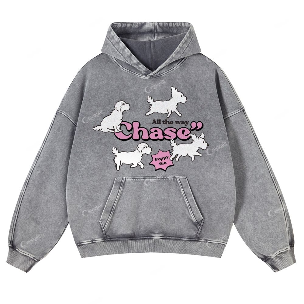 Colordate Cute Puppy Print Casual Washed Hoodie