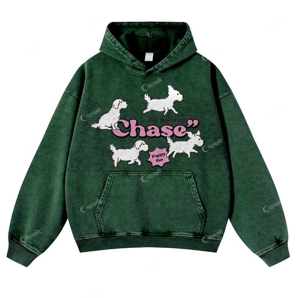 Colordate Cute Puppy Print Casual Washed Hoodie