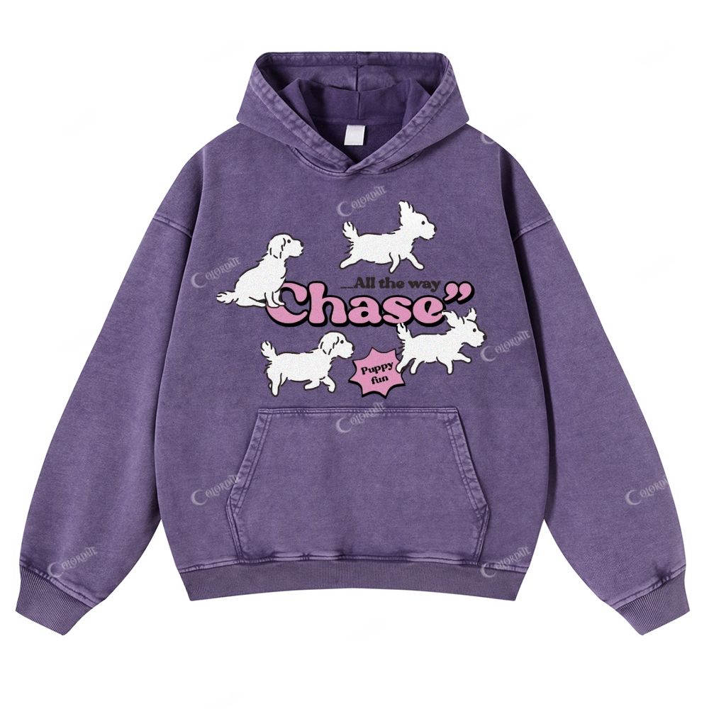 Colordate Cute Puppy Print Casual Washed Hoodie