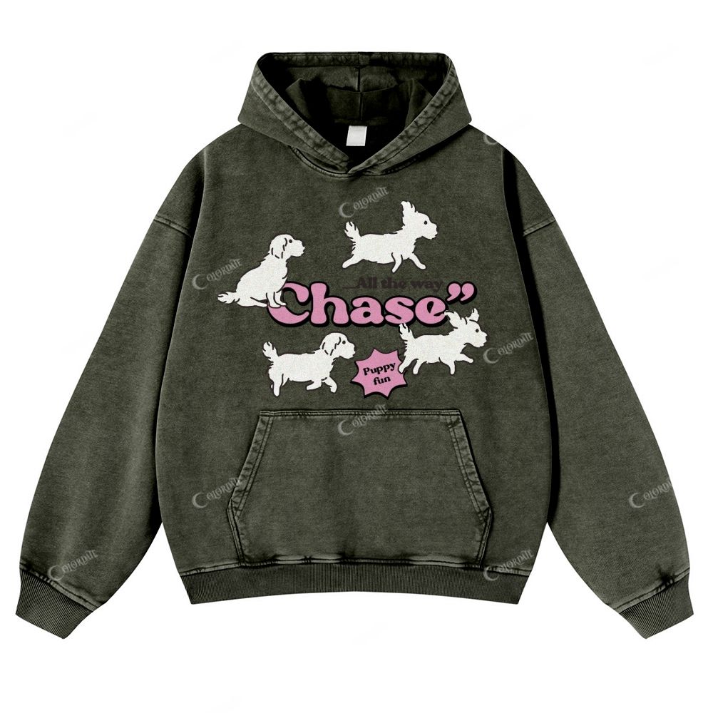 Colordate Cute Puppy Print Casual Washed Hoodie