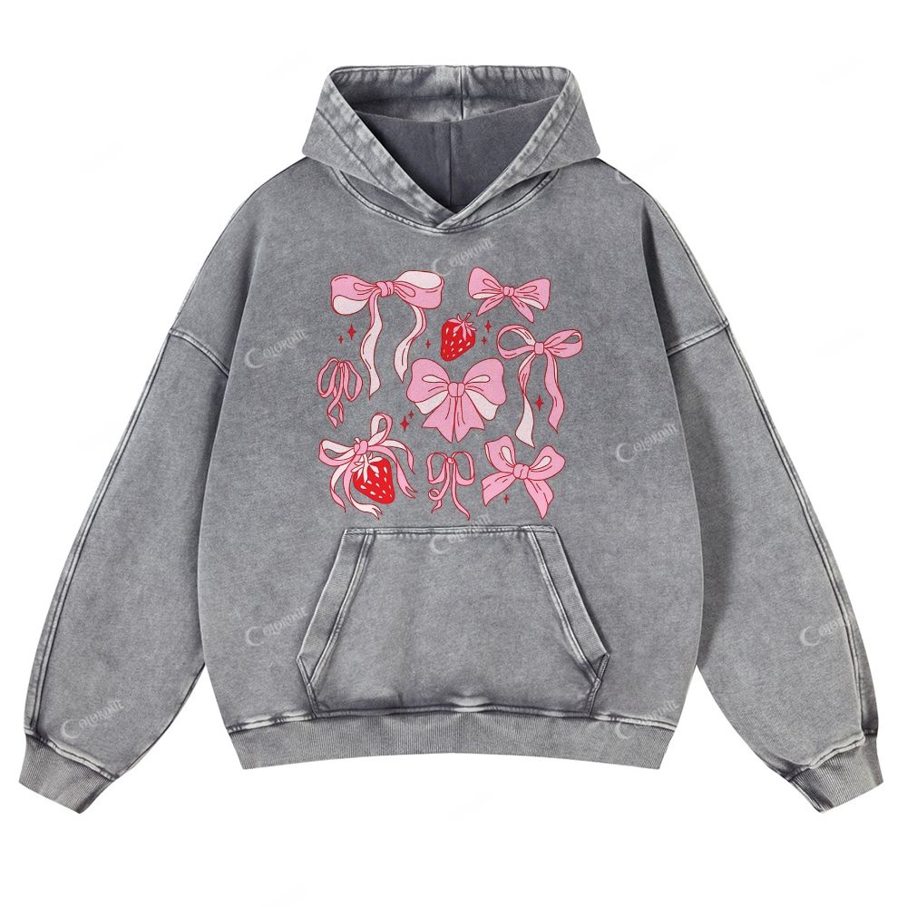 Colordate Pink Bow Print Casual Washed Hoodie