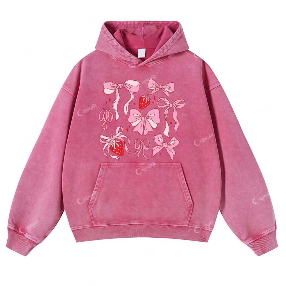 Colordate Pink Bow Print Casual Washed Hoodie