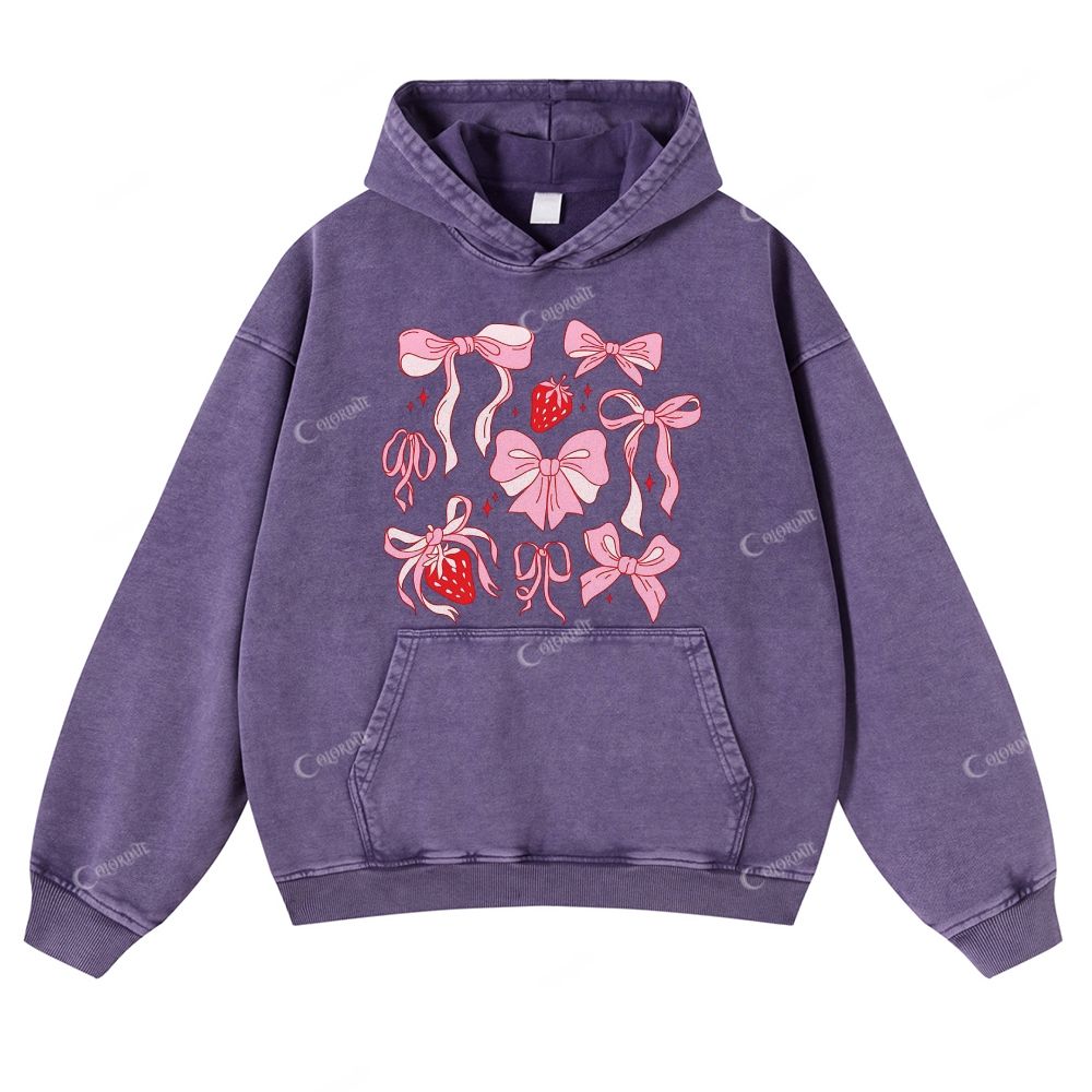 Colordate Pink Bow Print Casual Washed Hoodie