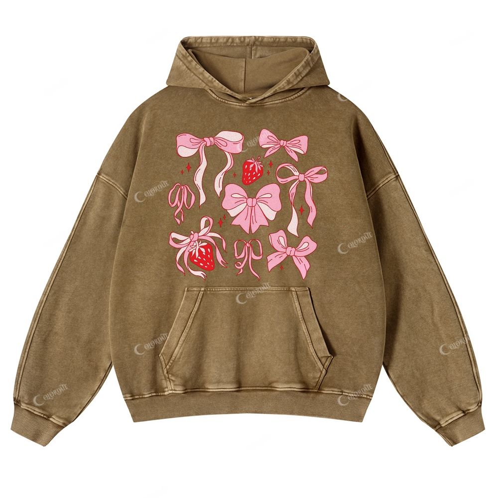 Colordate Pink Bow Print Casual Washed Hoodie