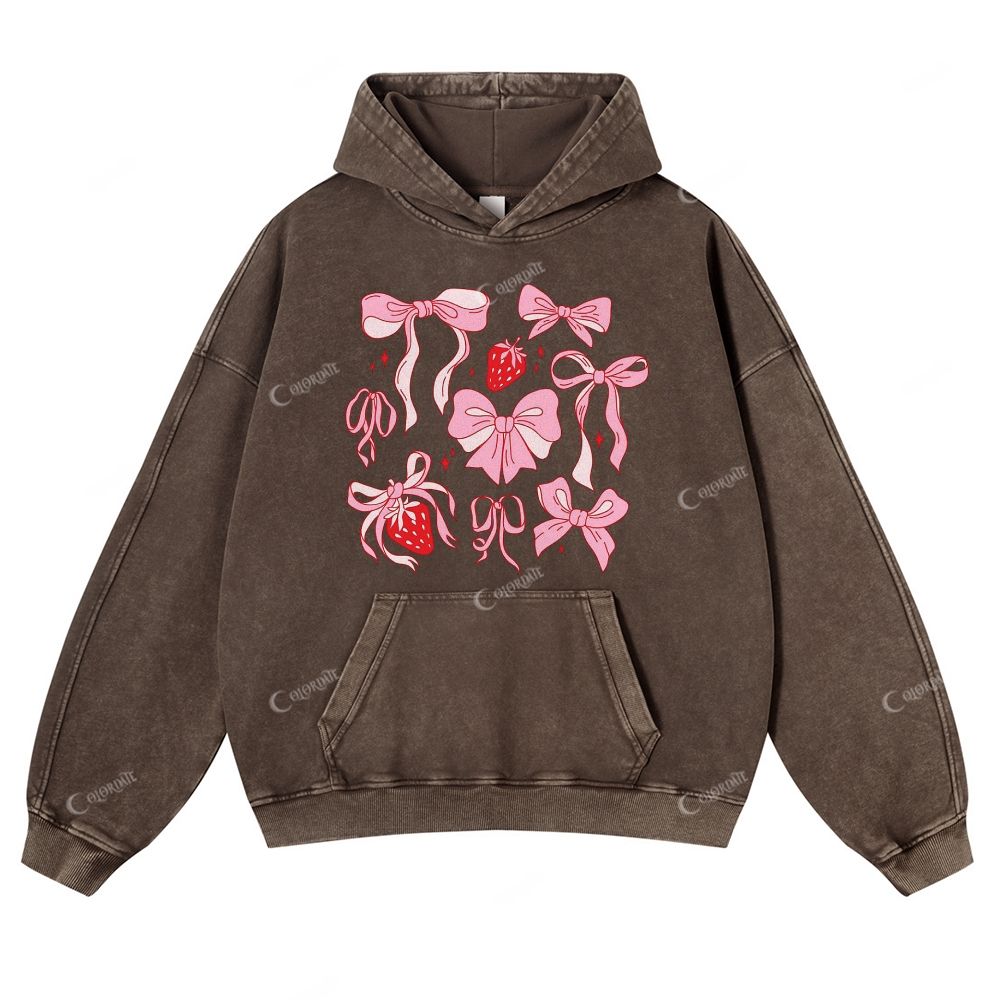 Colordate Pink Bow Print Casual Washed Hoodie