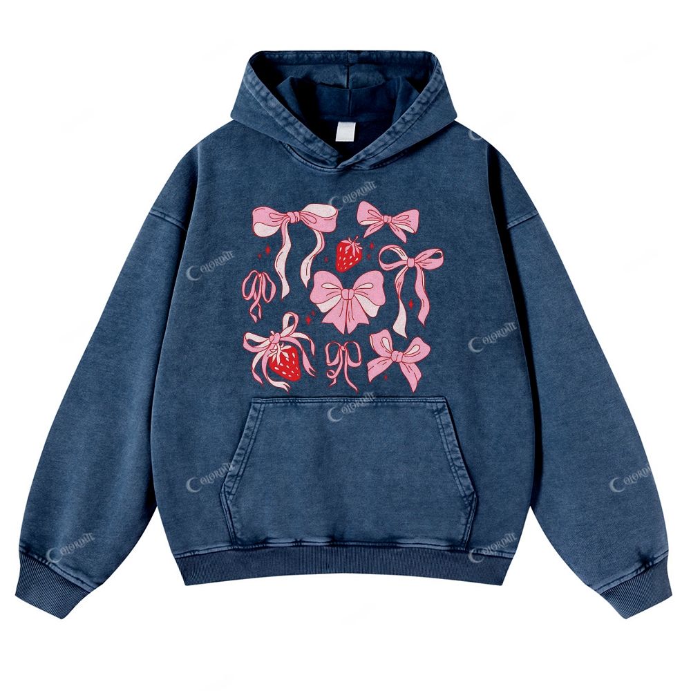 Colordate Pink Bow Print Casual Washed Hoodie