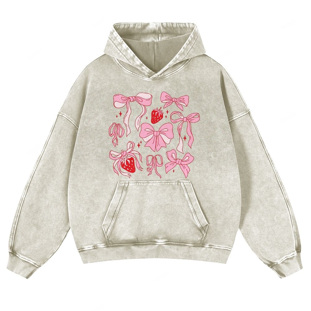 Colordate Pink Bow Print Casual Washed Hoodie