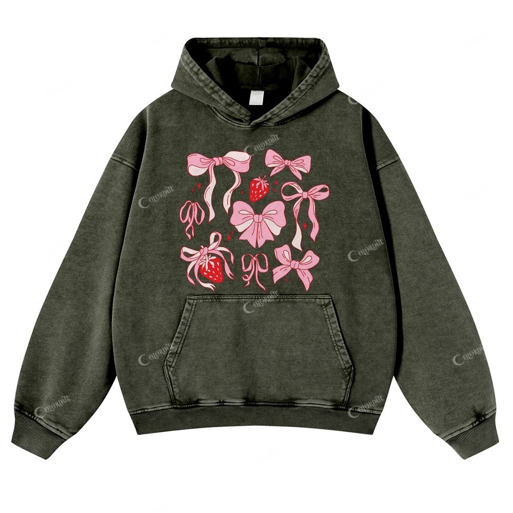 Colordate Pink Bow Print Casual Washed Hoodie