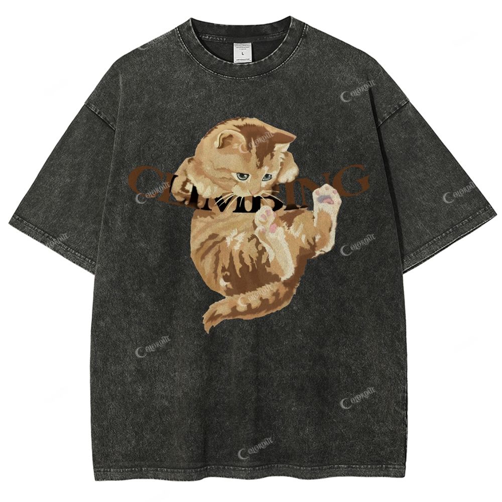 Colordate Unisex Cute Cat Printed Washed Tee