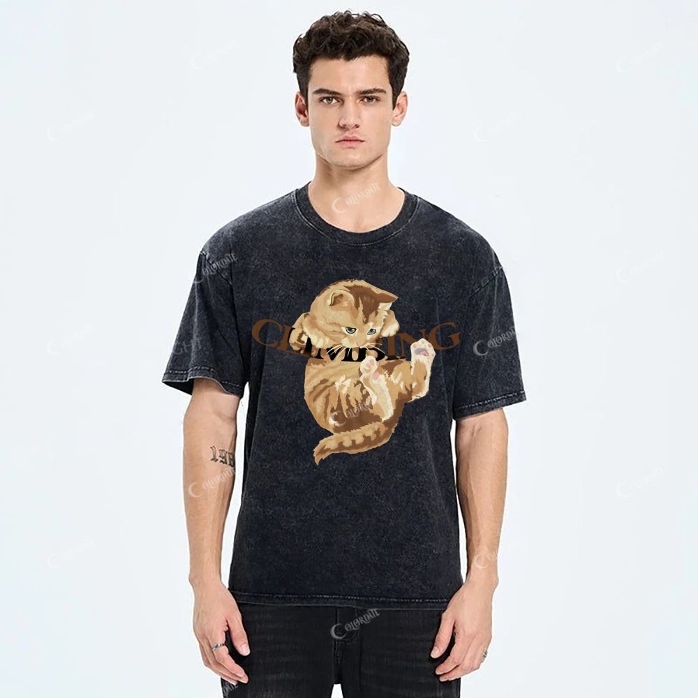 Colordate Unisex Cute Cat Printed Washed Tee