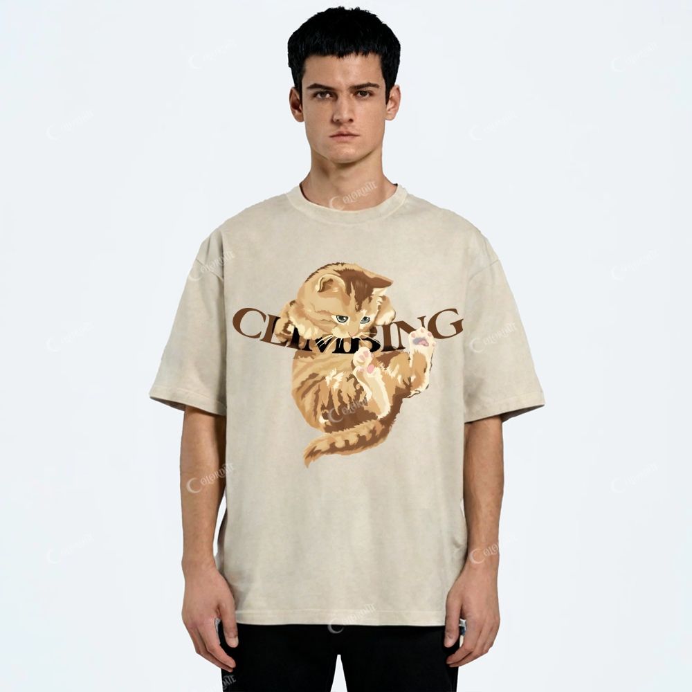 Colordate Unisex Cute Cat Printed Washed Tee