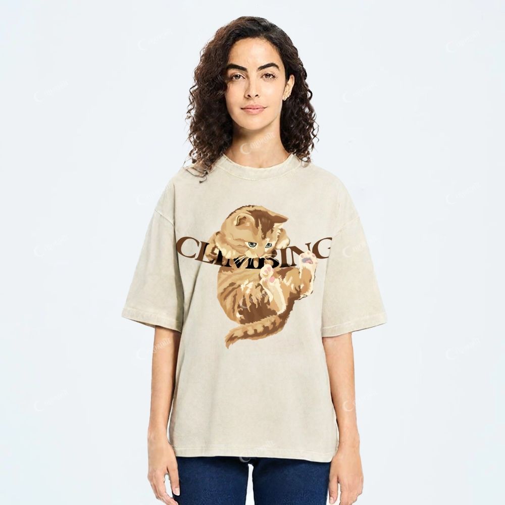 Colordate Unisex Cute Cat Printed Washed Tee