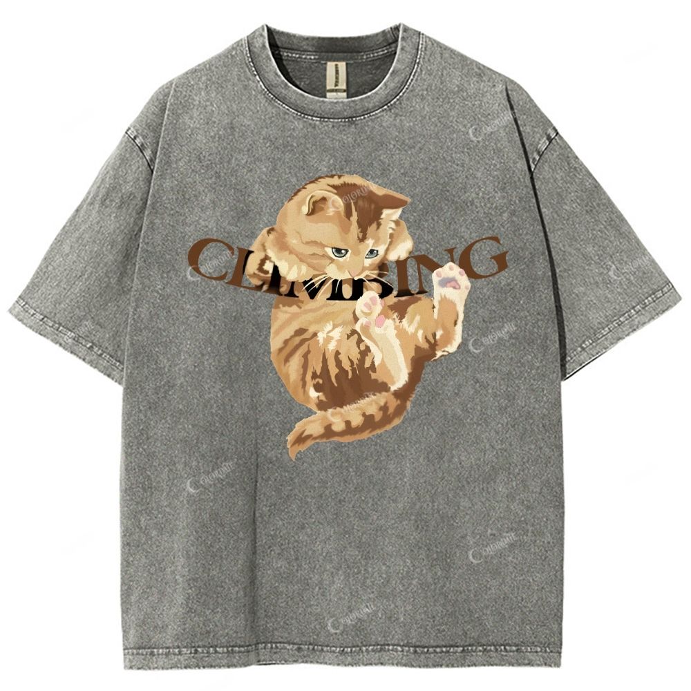 Colordate Unisex Cute Cat Printed Washed Tee