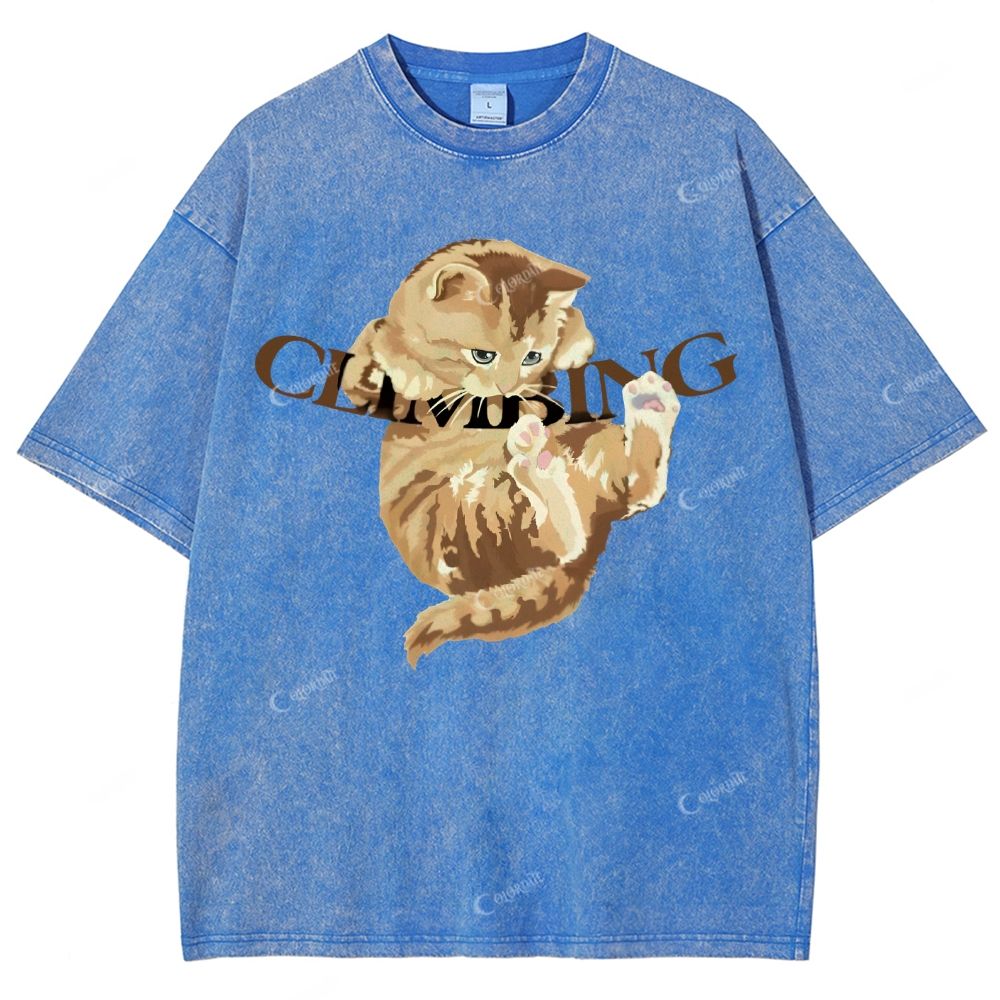 Colordate Unisex Cute Cat Printed Washed Tee