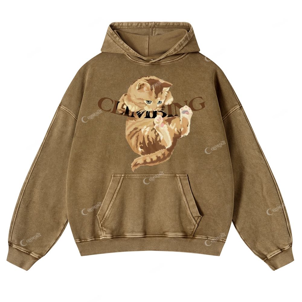 Colordate Cute Cat Print Casual Washed Hoodie