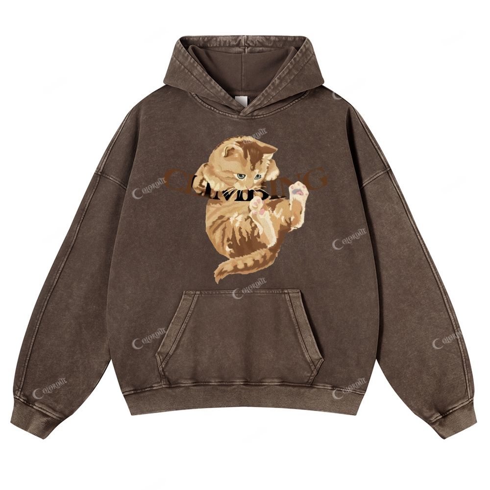Colordate Cute Cat Print Casual Washed Hoodie